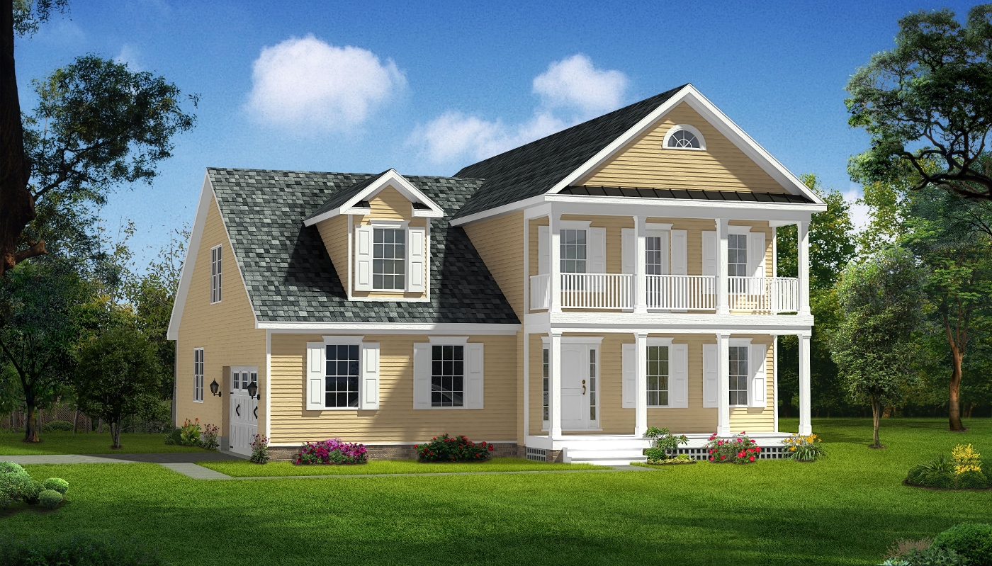 Rendering for two-story home design from covered front porch and second-story balcony